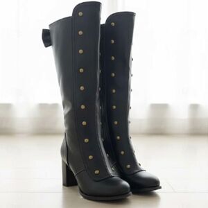 NEW Black Ren Faire Witchy Pirate Wench Button Up Bow Knee High Heel Boots 8.5
